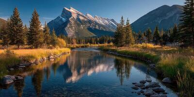 Stunning mountain scenery reflecting in a calm river at sunset in a tranquil valley photo