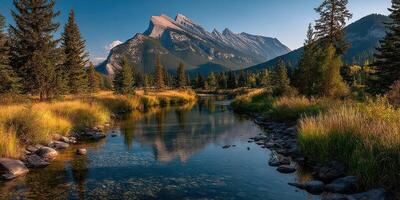 Scenic mountain landscape with water reflection at sunset near a tranquil river in nature photo
