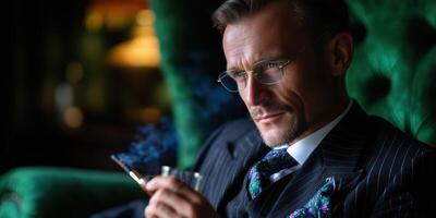 Stylish gentleman enjoys a drink in a luxurious lounge during the evening hours, showcasing elegance and sophistication photo