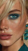Beautiful model showcasing striking turquoise makeup and accessories in a close-up portrait during a fashion event photo