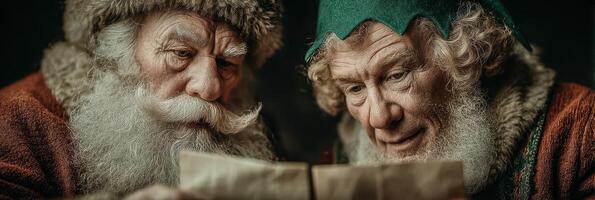 Two characters review a letter in a cozy setting during winter festivities photo