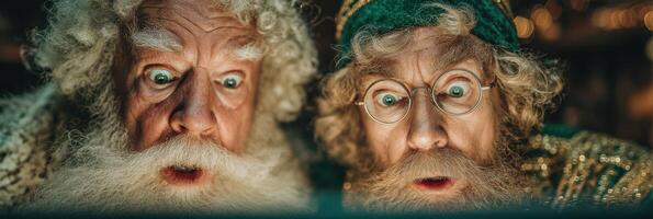 Two surprised characters with white beards looking intently at a glowing object in a cozy indoor setting during a festive season photo