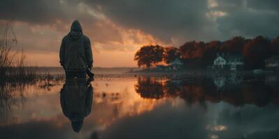 Reflective solitude at sunset near calm water surrounded by trees and homes in a serene landscape photo