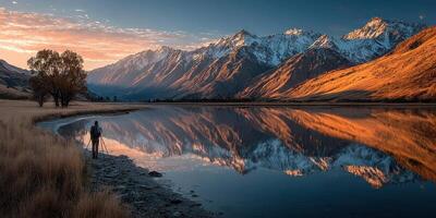Stunning sunset reflection over mountains with a photographer capturing the moment by the lake photo