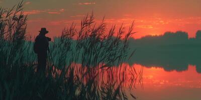 Silhouette of a photographer capturing a serene sunset over a tranquil lake surrounded by tall grasses photo