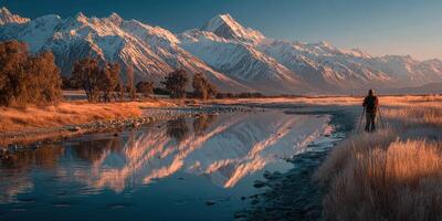 Spectacular sunset on snow-capped mountains with reflection in calm river photo