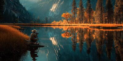 Capturing the beauty of autumn reflections at a serene lake during sunset in a tranquil national park photo