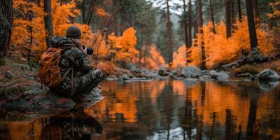 Capturing autumnal colors by a serene stream in a tranquil forest during golden hour photo