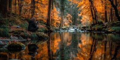 Capturing the beauty of autumn by the tranquil riverside during a serene afternoon photo