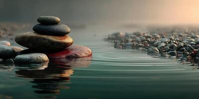 Rocks balanced on water at dawn creating a peaceful natural setting photo