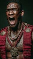 Powerful expression of a warrior in traditional attire during a cultural performance in an artistic setting photo