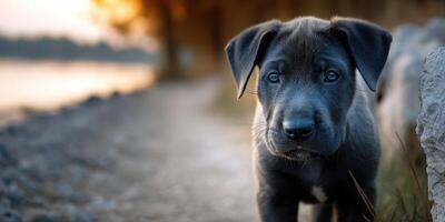 Playful puppy exploring the shoreline during golden hour by a tranquil lake photo