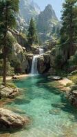 Breathtaking waterfall cascades into a tranquil pool surrounded by mountains and lush greenery in a serene natural environment photo