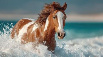 Horse galloping through ocean waves on a sunny day at the beach photo