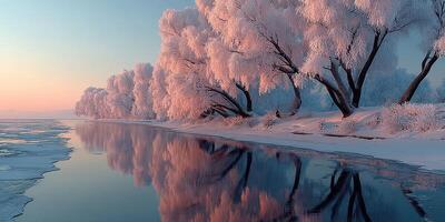 Frost-covered trees line a calm river at sunrise, creating a serene winter landscape in tranquil hues photo