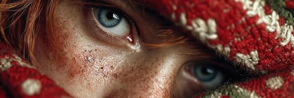 Close-up of a young person's striking blue eyes peeking from a colorful knitted scarf during a cold winter day photo