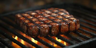 Grilling steak on barbecue during summer cookout with friends in the backyard photo