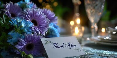 Elegant table setting with flower bouquet and thank you card for a special celebration at night photo