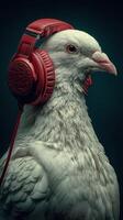 Pigeon wearing red headphones enjoys music in an artistic setting photo