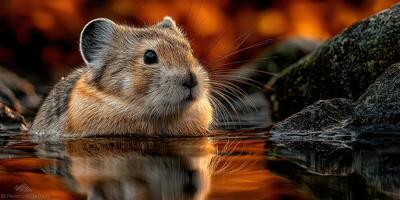 A small pika emerges from water near rocks as golden autumn leaves reflect in the surface at dusk photo