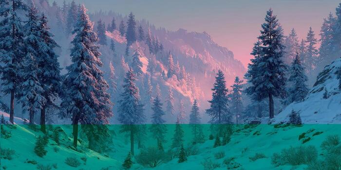 Winter landscape with snow-covered trees and hazy mountains during twilight hour in serene wilderness photo