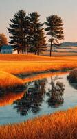 Beautiful autumn landscape featuring golden fields and a tranquil stream in the countryside at sunset photo