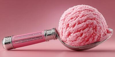 Bright pink sorbet served in a classic metal scoop on a vibrant background showcasing summer treats photo