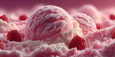Delicious raspberry ice cream surrounded by fresh raspberries and soft snow-like texture at sunset photo