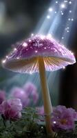 Enchanted mushroom illuminates forest floor with magical light during twilight hours photo