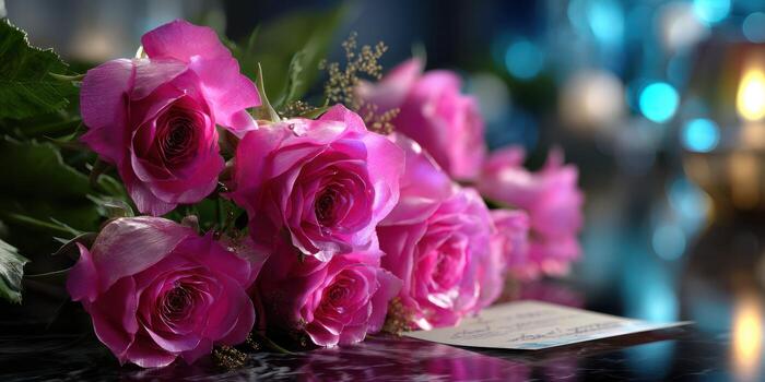 Bouquet of vibrant pink roses with an elegant note on a dark surface in a cozy setting photo