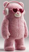 Cute pink bear wearing heart-shaped sunglasses and headphones stands against a neutral background, exuding charm and playfulness photo