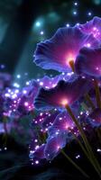 Vibrant mushrooms illuminate a mystical forest at dusk with glowing spores and soft colors photo