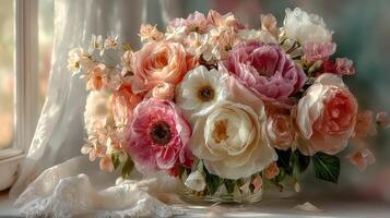 Beautiful floral arrangement with peonies and roses in soft natural light near a window photo