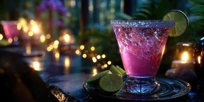 Colorful cocktail with lime slice served at a dimly lit bar surrounded by plants and candles photo
