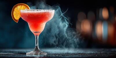 Bright margarita cocktail garnished with an orange slice sits on a bar top, surrounded by a smoky atmosphere with warm bokeh lights in the background photo