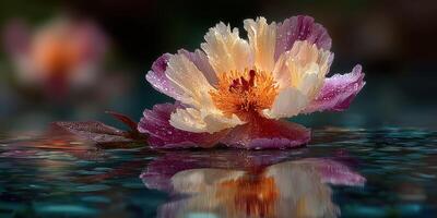 Beautiful peony flower floating on still water, showcasing vibrant colors and delicate petals at sunset in a serene garden photo