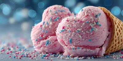 Delicious pink heart-shaped ice cream scoops with colorful sprinkles in a waffle cone photo
