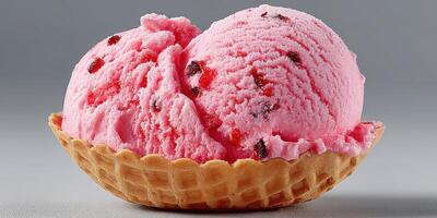 Delicious pink strawberry ice cream served in a waffle cone, tempting dessert option for any ice cream lover on a sunny day photo