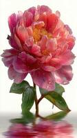 Beautiful pink peony flower with water droplets reflecting in calm surface photo