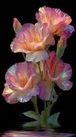 Vibrant display of soft pink flowers reflecting in water with gentle droplets at sunset photo