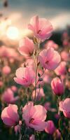Beautiful blooming pink flowers in a serene meadow during sunset photo