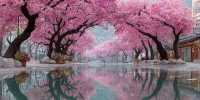 Cherry blossom trees in full bloom line a tranquil river at sunrise in a scenic town photo