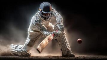 Cricketer in action demonstrating skill during a dramatic match at sunset photo