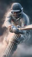 Cricket player batting during a competitive match with dust and focus on the field in bright daylight photo