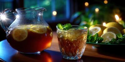 Refreshing iced tea served in glass with mint and lemon on a wooden table photo