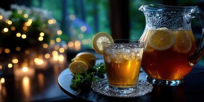 Refreshing iced tea served in a glass with lemon and mint in a cozy evening setting near glowing lights photo