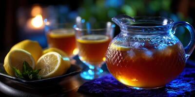 Refreshing summer iced tea served with lemon slices and mint on a cozy evening table photo
