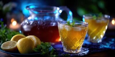 Refreshing summer drink served with lemon and herbs in a cozy setting photo