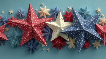 Colorful paper stars create a festive decoration for a celebration event in a bright setting photo