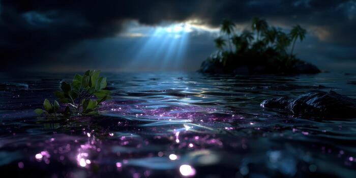 Shimmering waters reflect sunlight over a secluded island surrounded by dark clouds during twilight photo